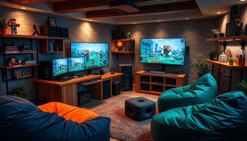 Minecraft game room entertainment setup