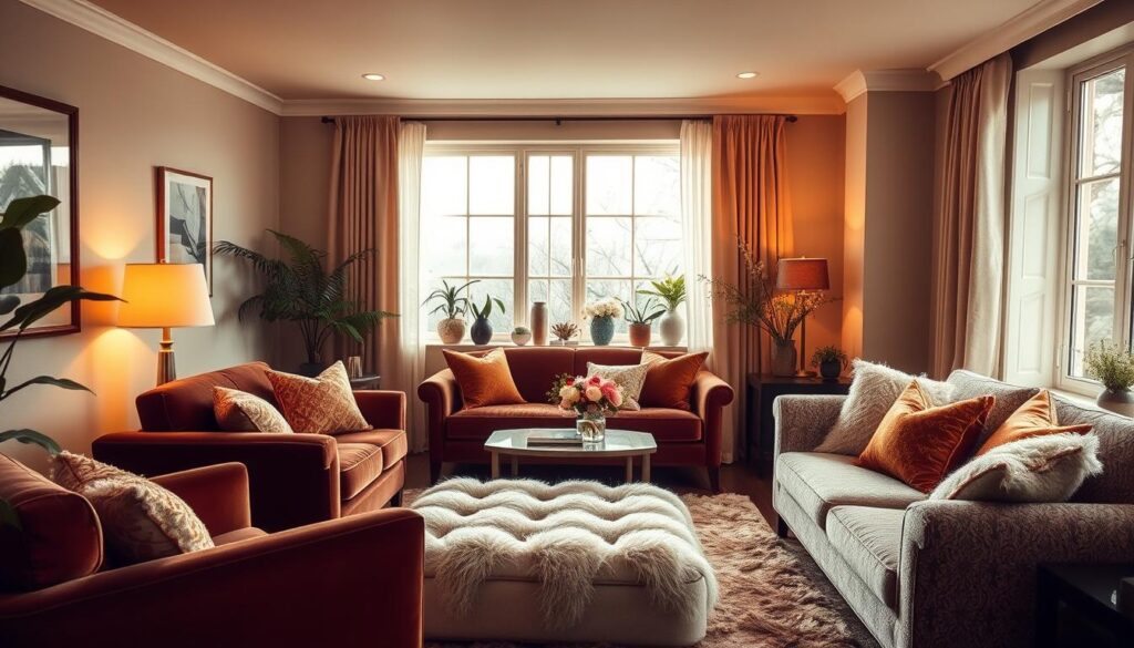 cozy living room with plush fabric decor
