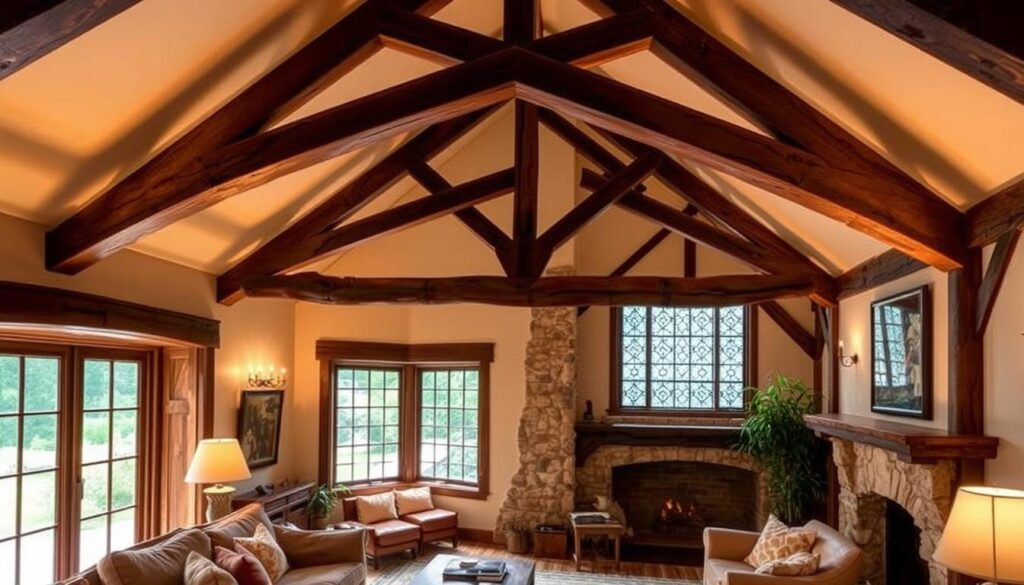 Tudor house interior design with exposed beams